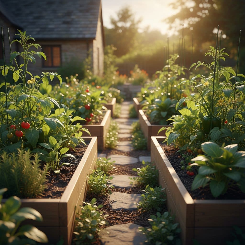 A row of healthy blueberry bushes heavy with ripe blue berries in a sunny home garden.