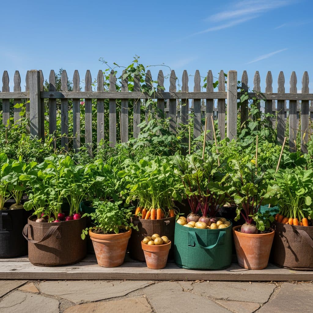 A collection of carrots, radishes, and beets growing in various containers and fabric grow bags on a sunny patio, illustrating urban gardening.