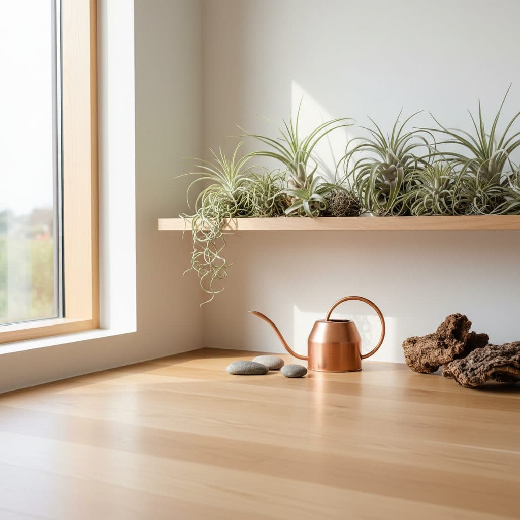 A collection of air plants (Tillandsia) artfully displayed on a minimalist wooden shelf inside a bright, modern US home, with soft, indirect light from a nearby window.
