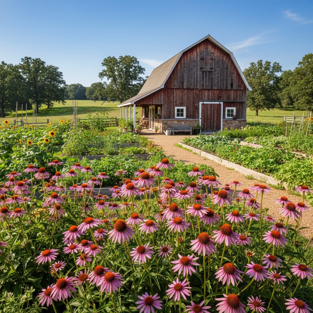 A vibrant field of purple coneflowers blooming in front of a rustic wooden barn on a sunny US homestead.