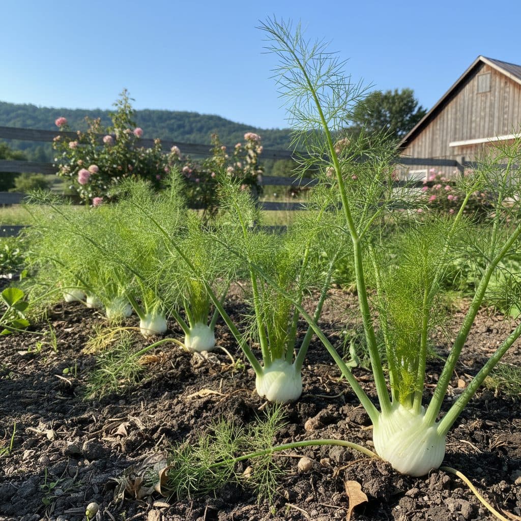 Row of healthy bulb fennel plants with developing white bulbs in a sunny US garden.