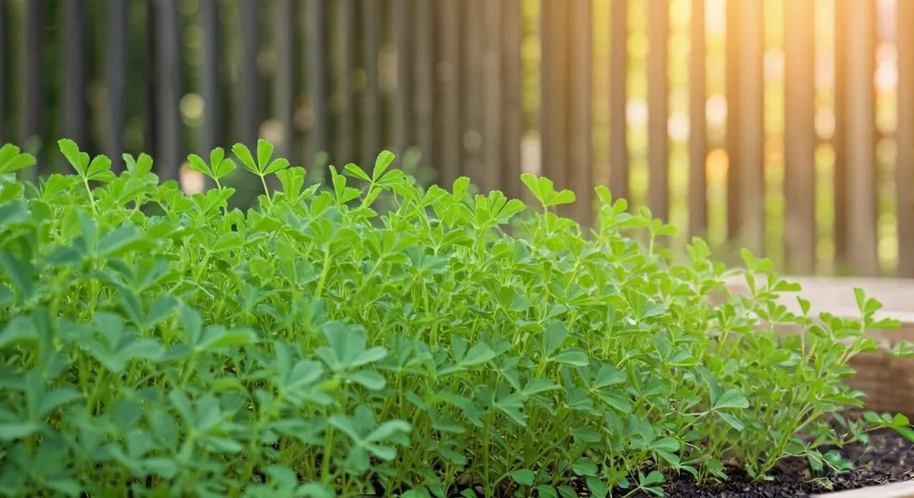 Fenugreek plants thriving in a raised garden bed at a US homestead.