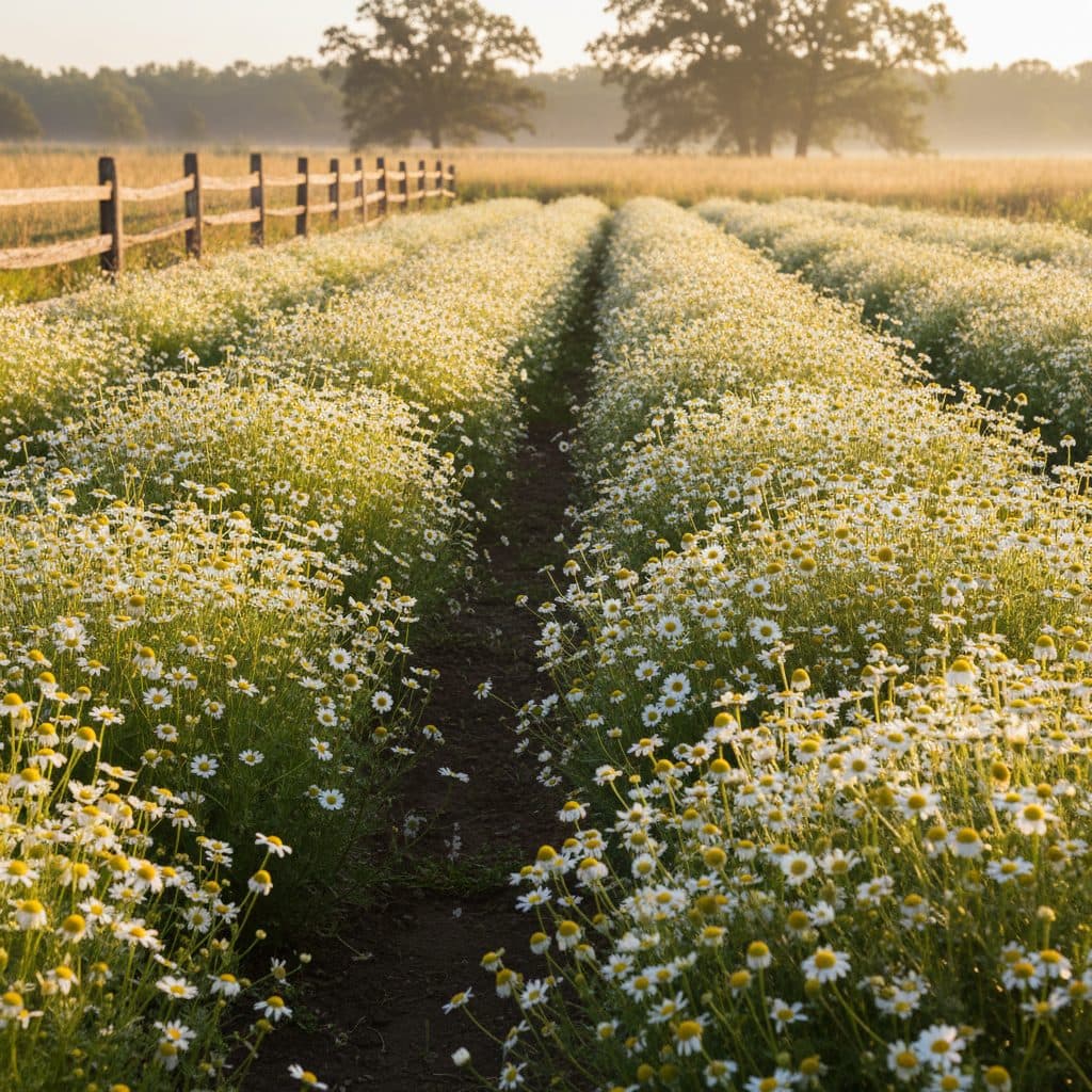 Rows of German chamomile plants with small white and yellow flowers in a sunlit US garden.