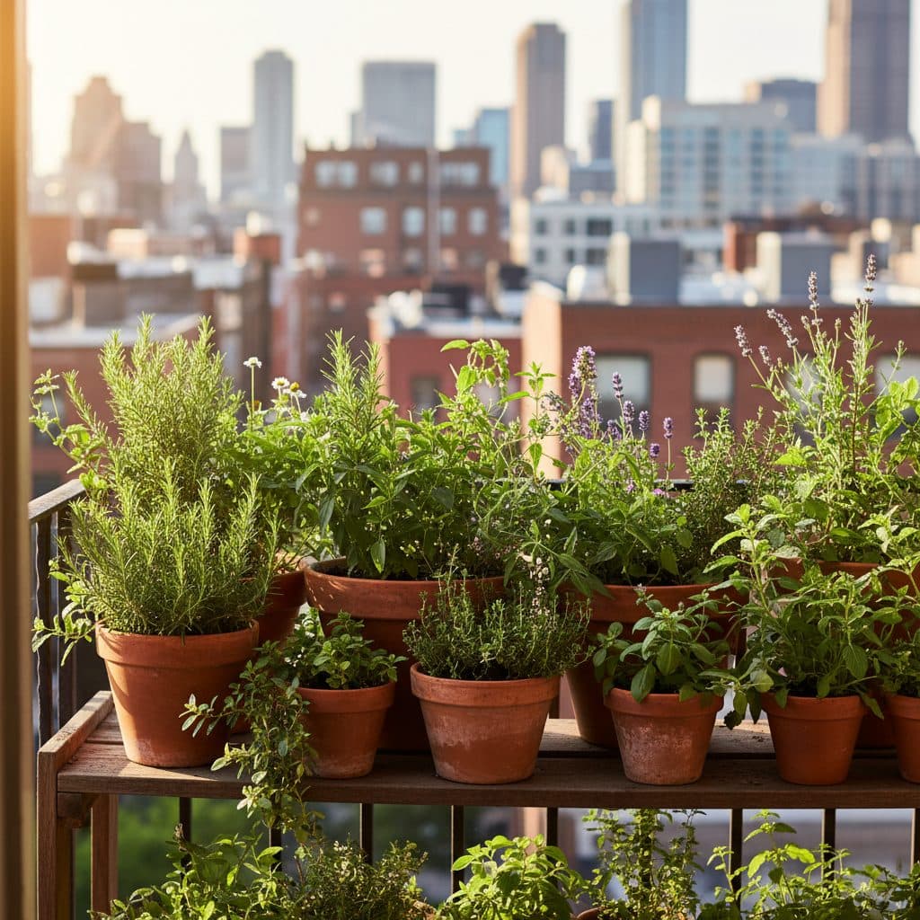 A small, sunlit apartment balcony garden filled with various medicinal herbs in terracotta pots, overlooking a city skyline.