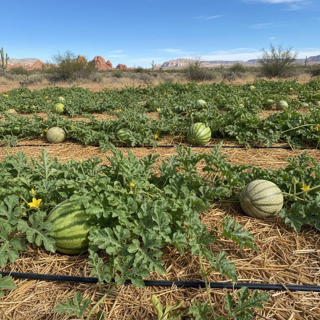 Melon patch in the hot US Southwest with straw mulch and drip irrigation.