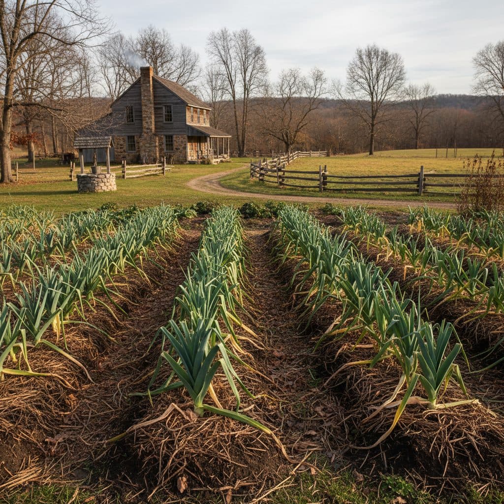 A peaceful US homestead garden in late autumn, with rows of leeks mulched with straw, ready for overwintering.