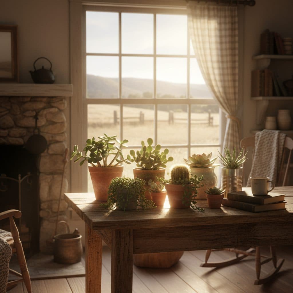 A collection of thriving succulents and cacti in terracotta pots on a rustic wooden table by a sunny window in a US home.