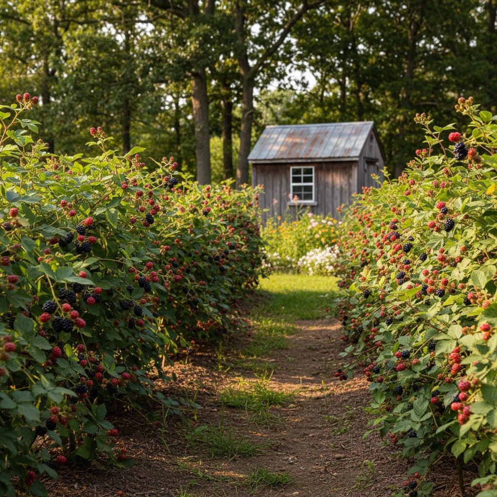 A thriving home blackberry patch with trellised thornless canes full of ripe fruit in a sunny Midwestern backyard.