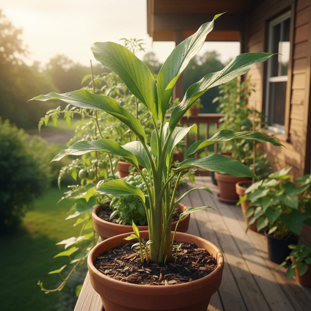 Potted turmeric plant on a balcony in a US homestead