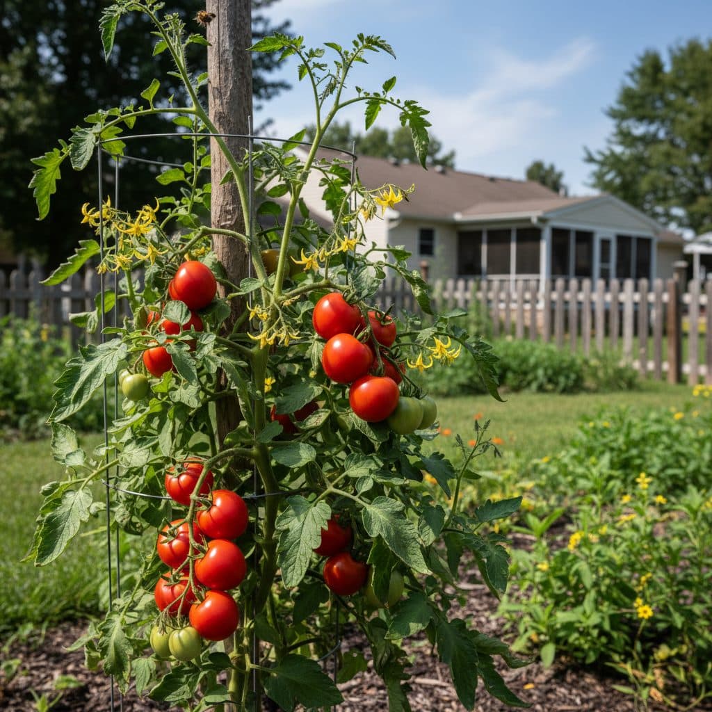Healthy tomato plant with ripe fruit and yellow flowers in a US garden.