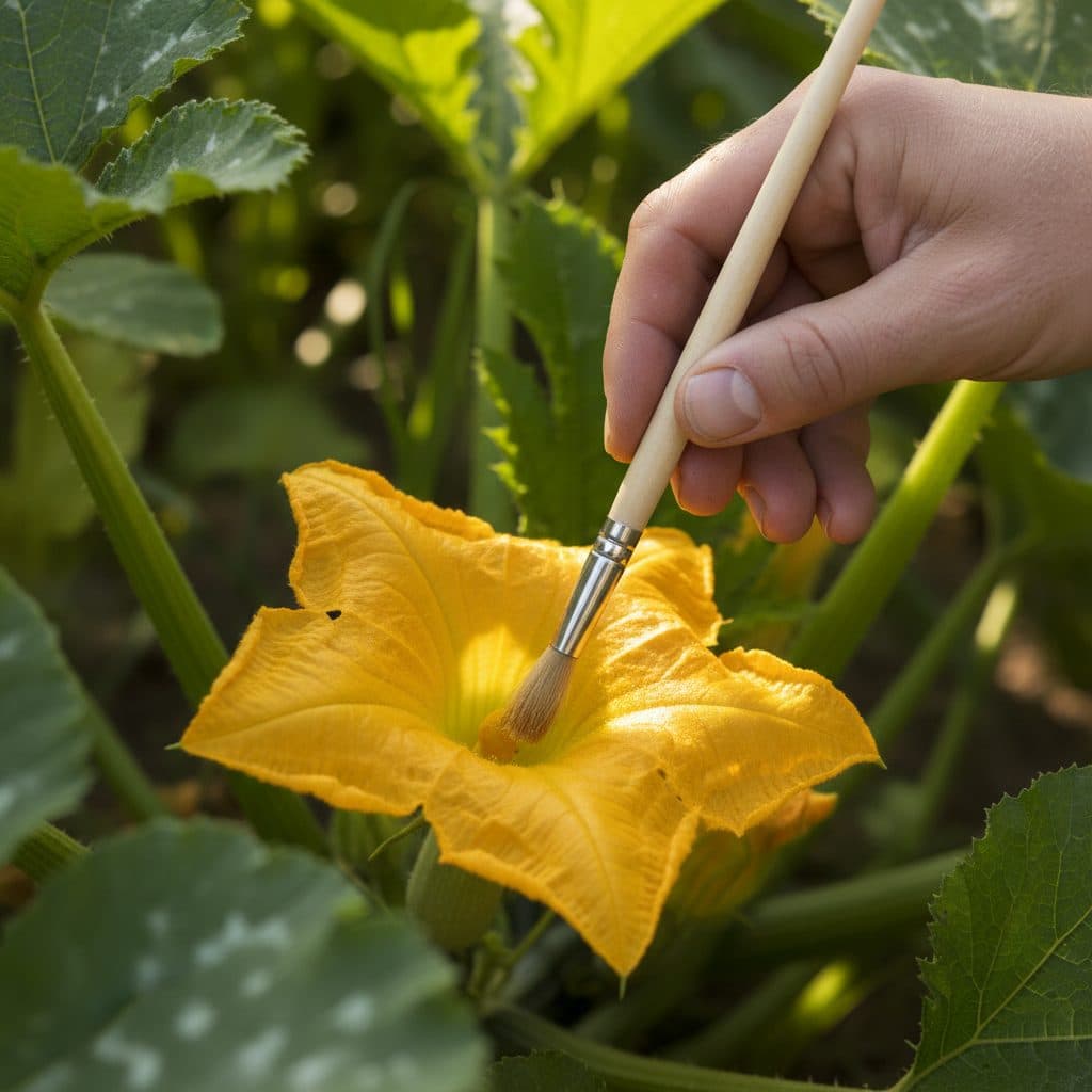A hand-pollinating a yellow zucchini flower in a sunny garden.