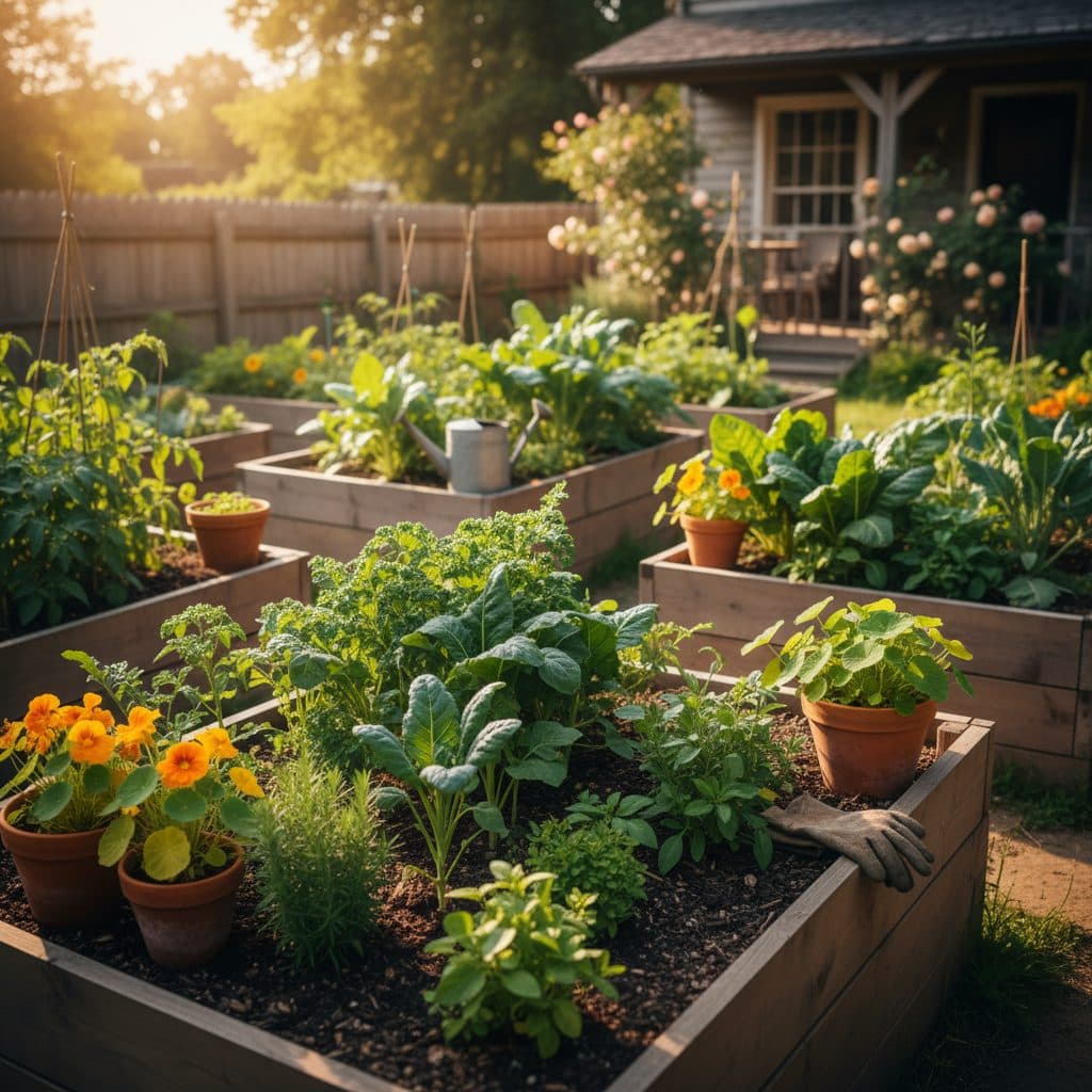 A vibrant urban balcony garden featuring several tiers of hanging gutter planters filled with leafy greens and fabric pocket planters displaying strawberries and herbs, all attached without drilling i