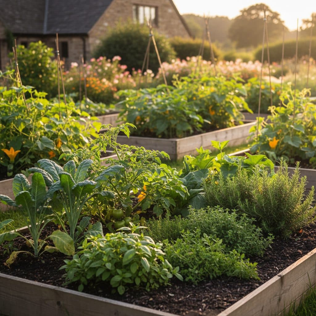 Trays of young vegetable seedlings being moved from a cold frame to a garden bed in a lush spring homestead garden