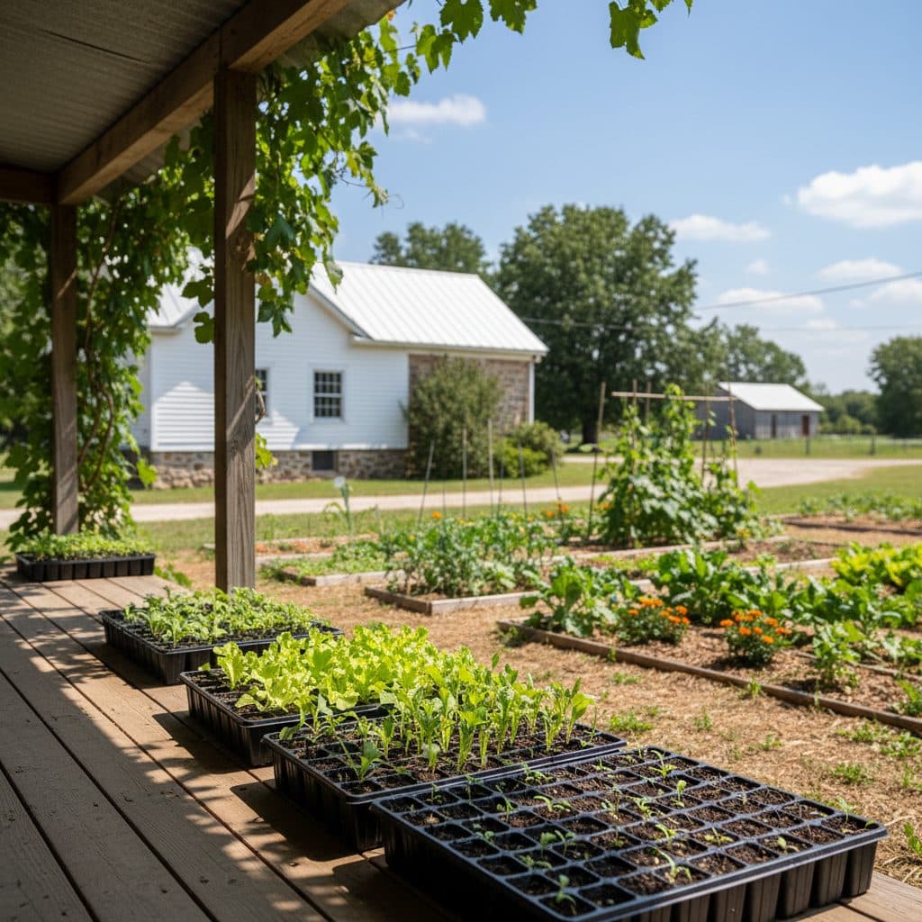 Young vegetable seedlings in propagation trays on a shaded porch, preparing for transplanting into a garden bed.