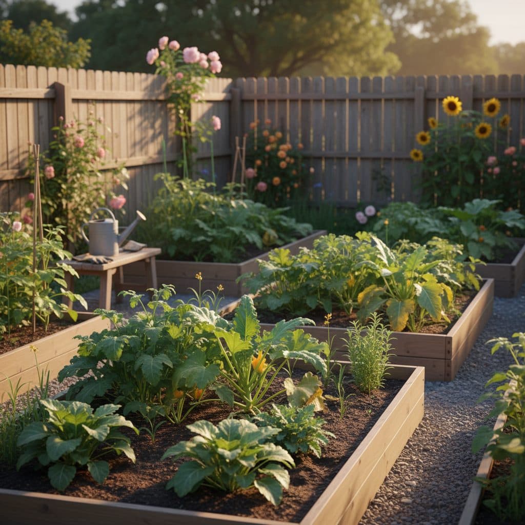 A small vegetable garden with young tomato and squash plants in a sunny backyard in rural Iowa.