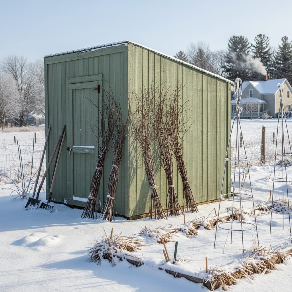 Bundles of dormant hardwood cuttings leaning against a rustic shed in a snowy winter landscape.