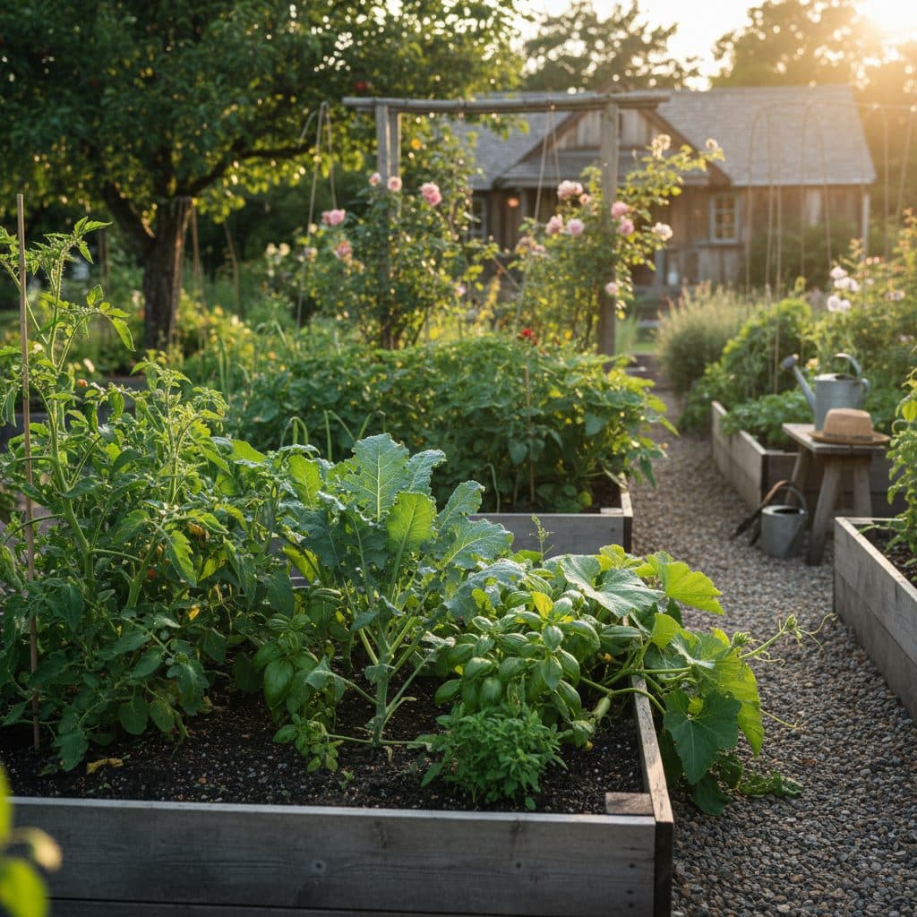A vibrant medicinal herb garden at dawn, with dew on the leaves, ready for harvest.