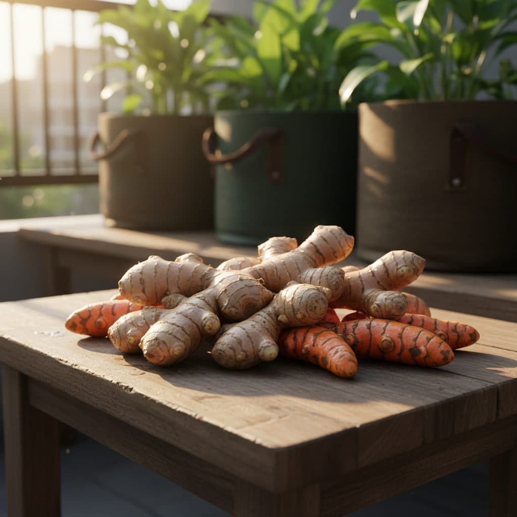 Freshly harvested ginger and turmeric rhizomes on a wooden table on a balcony.