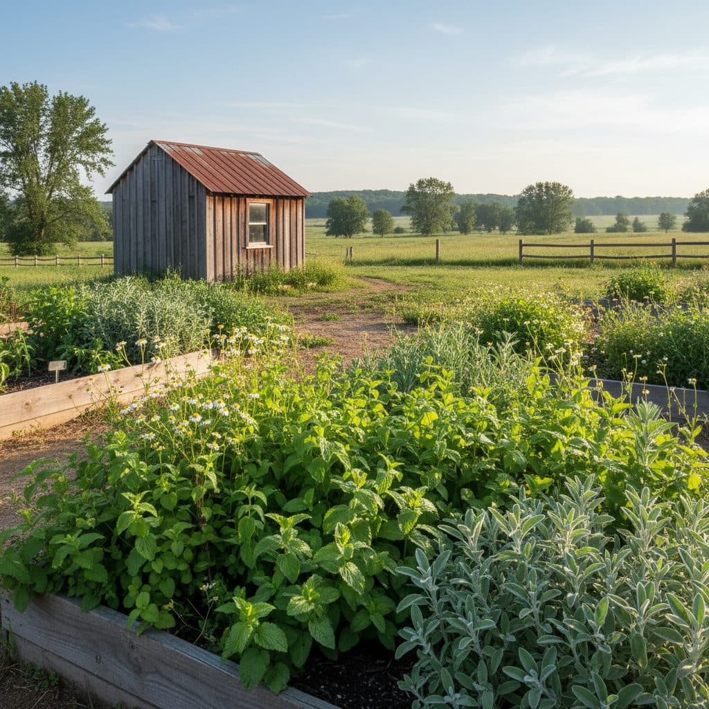 A thriving home herb garden with various tea plants, ready for harvest.
