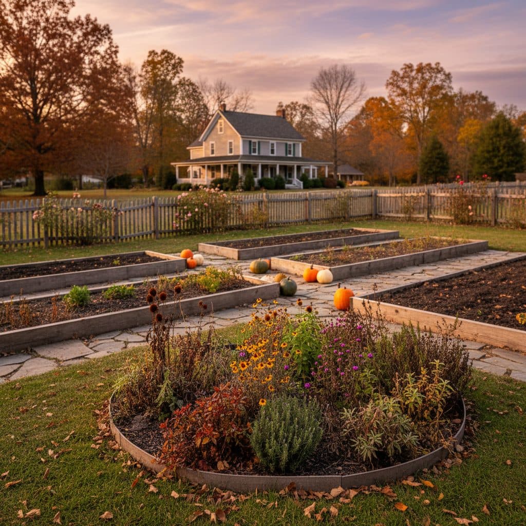 A peaceful autumn homestead garden with medicinal herbs ready for harvest.