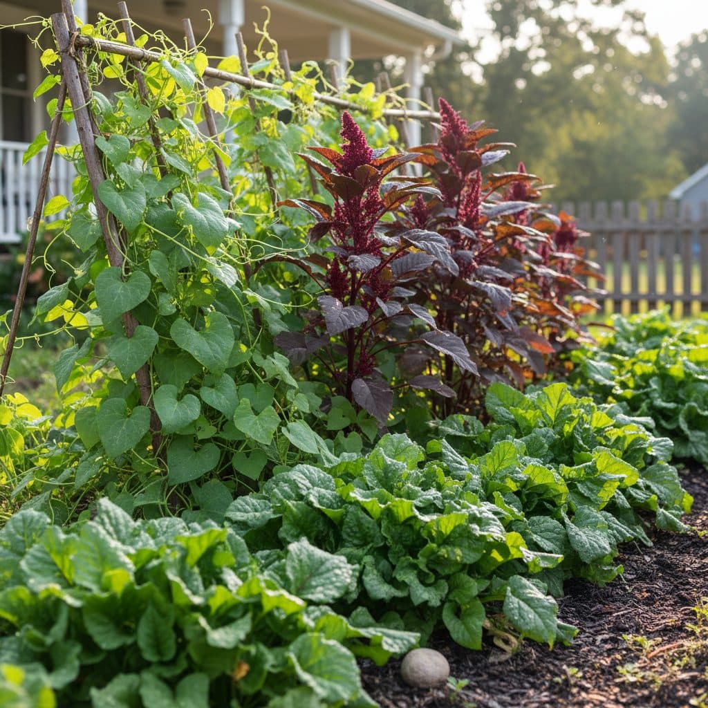 A vibrant summer garden featuring Malabar spinach on a trellis, red-leaf amaranth, and ground-covering New Zealand spinach thriving in the heat.