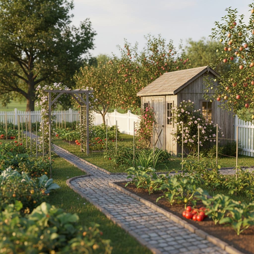 A well-maintained suburban backyard with neat rows of fruit trees, a small garden shed in the background, under late summer afternoon light.