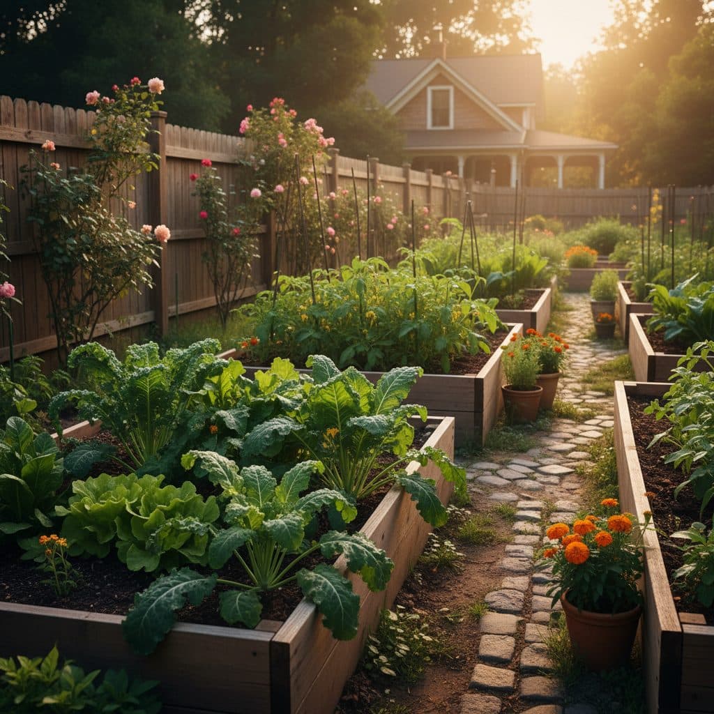 A tranquil US homestead with a small herb garden and rustic barn.