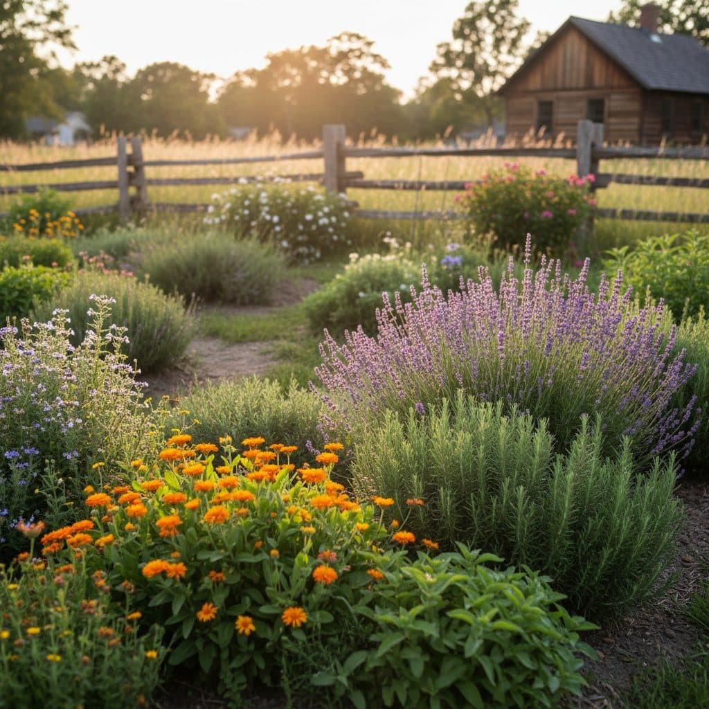 A peaceful homestead herb garden in late afternoon sun, showcasing various medicinal plants like calendula and lavender, ready for harvest.