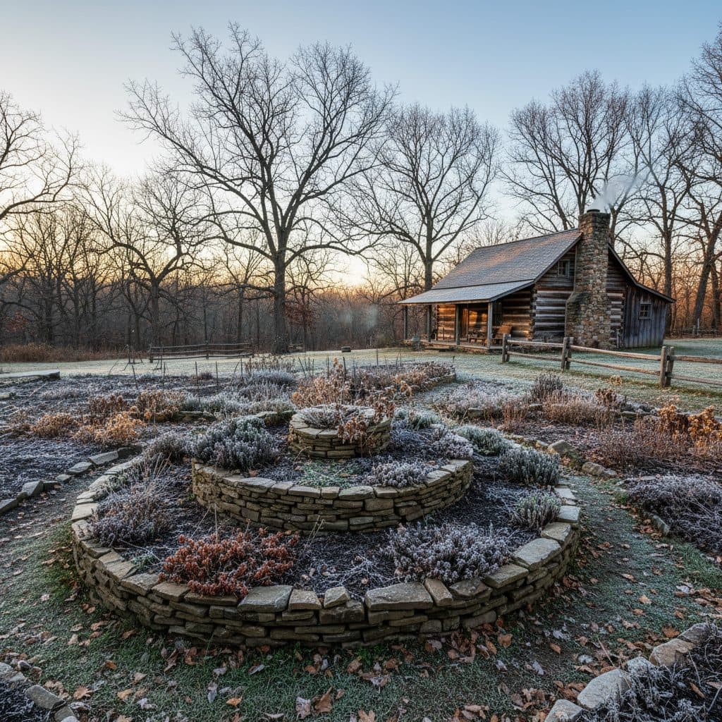 An established herb spiral in a US garden during late autumn, with a light frost covering the ground and bare trees in the background under a clear sky.