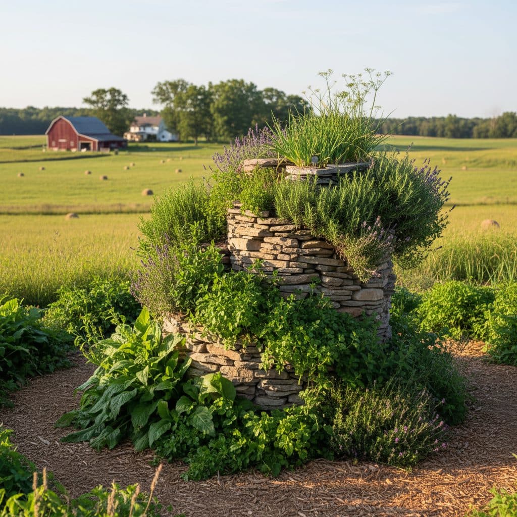 A thriving herb spiral on a sunny US homestead, with rosemary at the top and mint at the base.