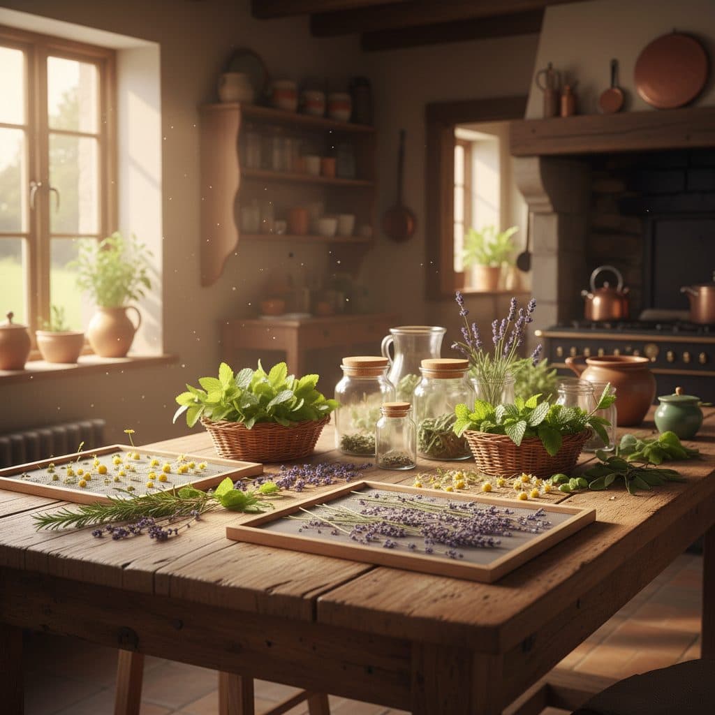 Assortment of freshly harvested and drying herbs on a rustic kitchen table, ready for tea blending.