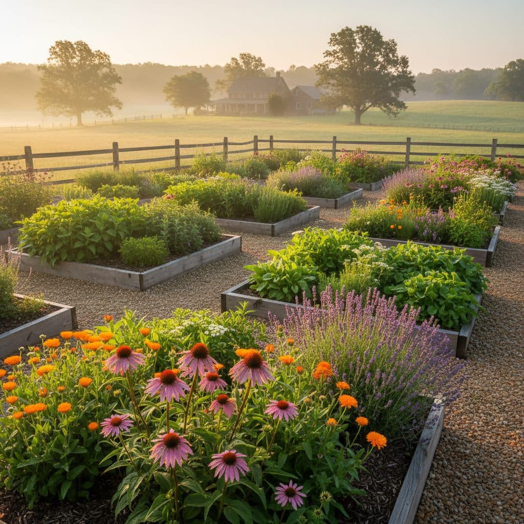 A flourishing medicinal herb garden on a US homestead, with rows of blooming Echinacea and other herbs under soft morning light.