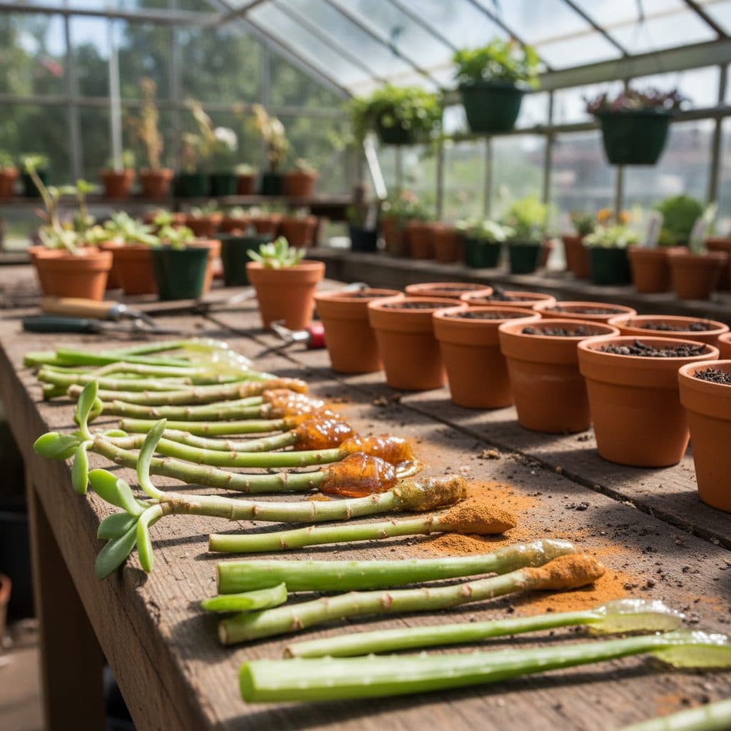 Plant cuttings prepared with honey, aloe vera, and cinnamon, ready for propagation.