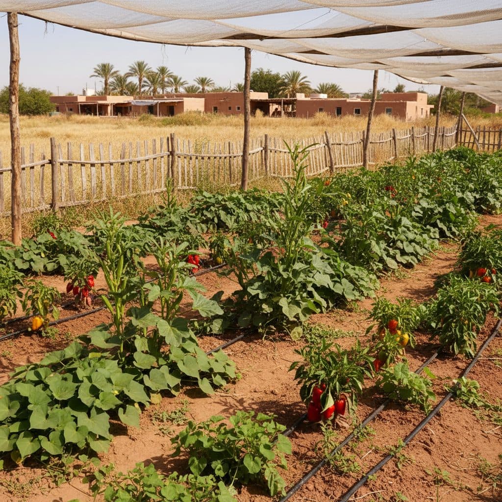 A thriving hot-season garden in USDA Zone 9, featuring rows of green okra plants, sweet potato vines, and pepper plants under a clear sky, with straw mulch visible between rows.