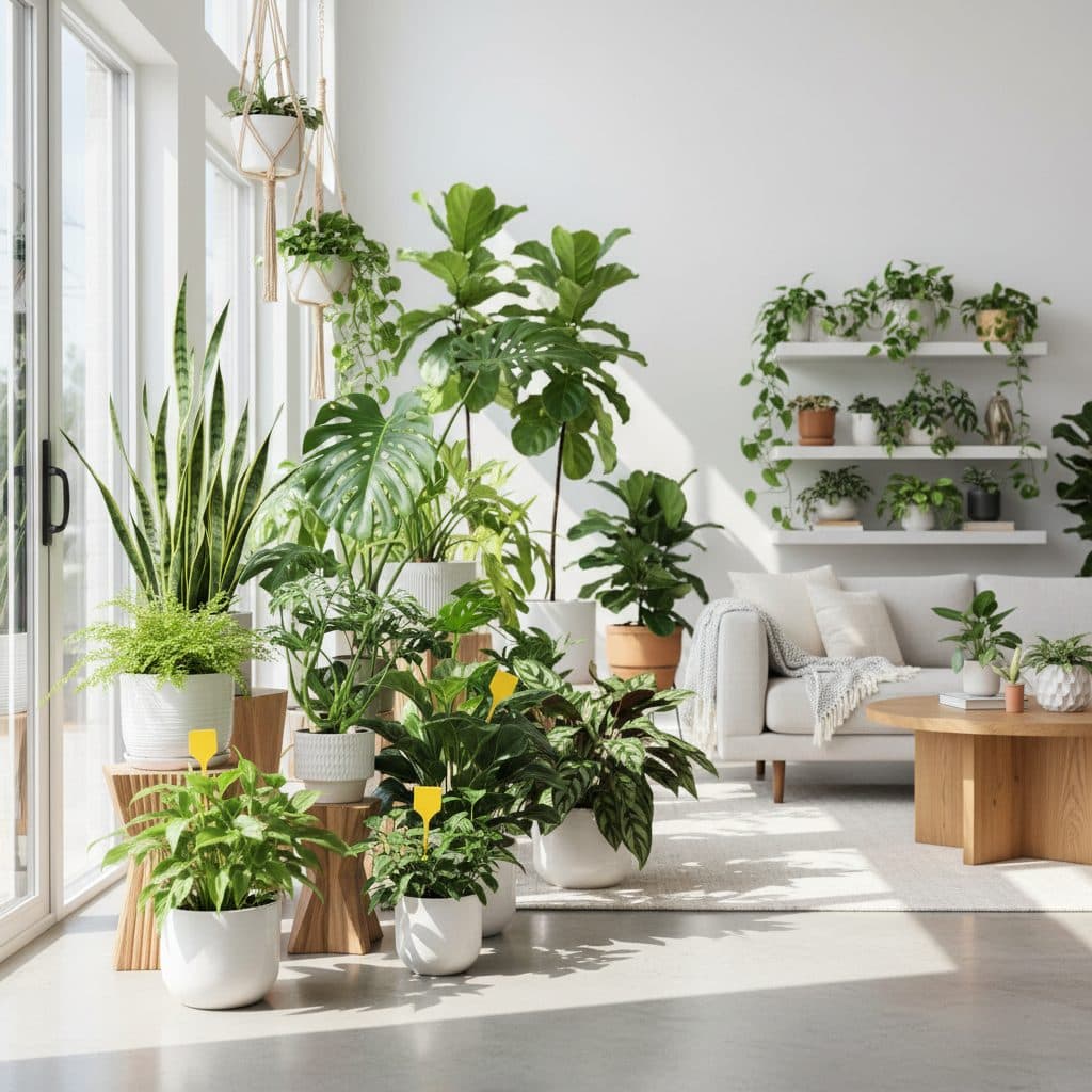 Healthy indoor plants with subtle pest control measures in a US home