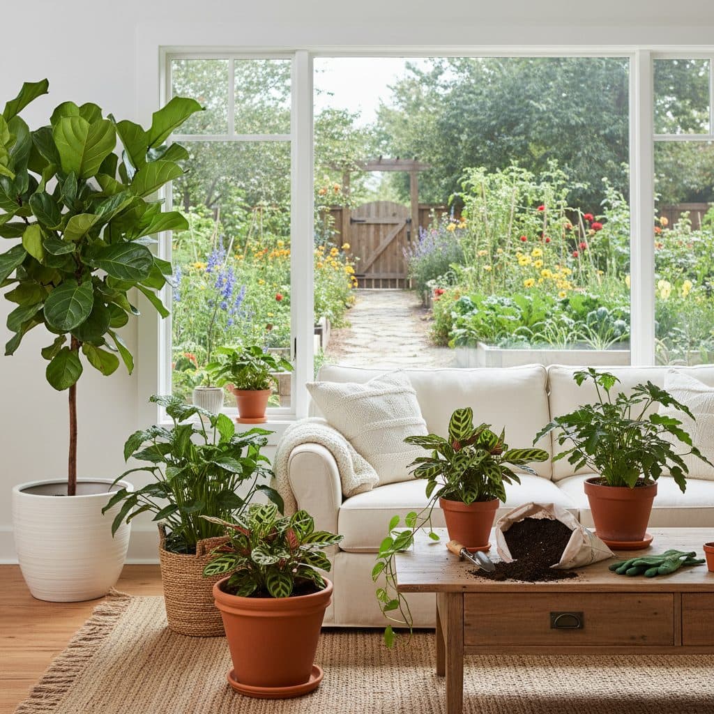 A bright living room with healthy houseplants, some recently repotted, on a wooden table with gardening supplies.