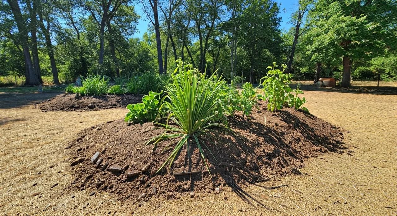 A flourishing hugelkultur bed in a sun-drenched arid landscape, showcasing its layered construction and vibrant plant growth.