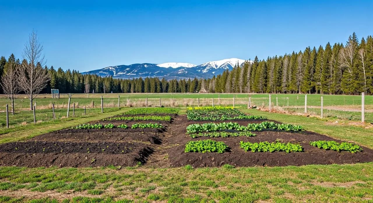 A thriving hugelkultur raised bed in an early spring US homestead garden, with small plants emerging and distant snowy peaks under a clear sky.