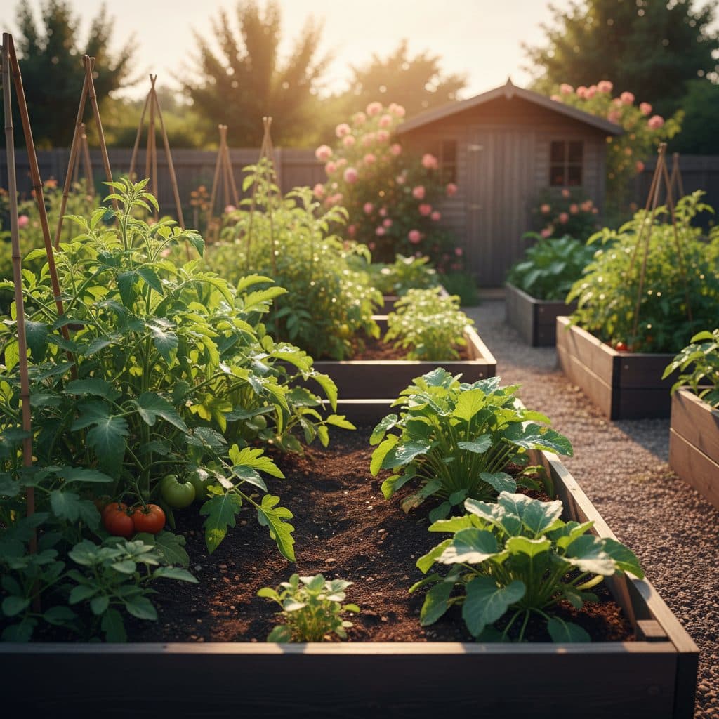 A well-kept backyard garden with raised beds, a wooden shed, and a secure compost bin.