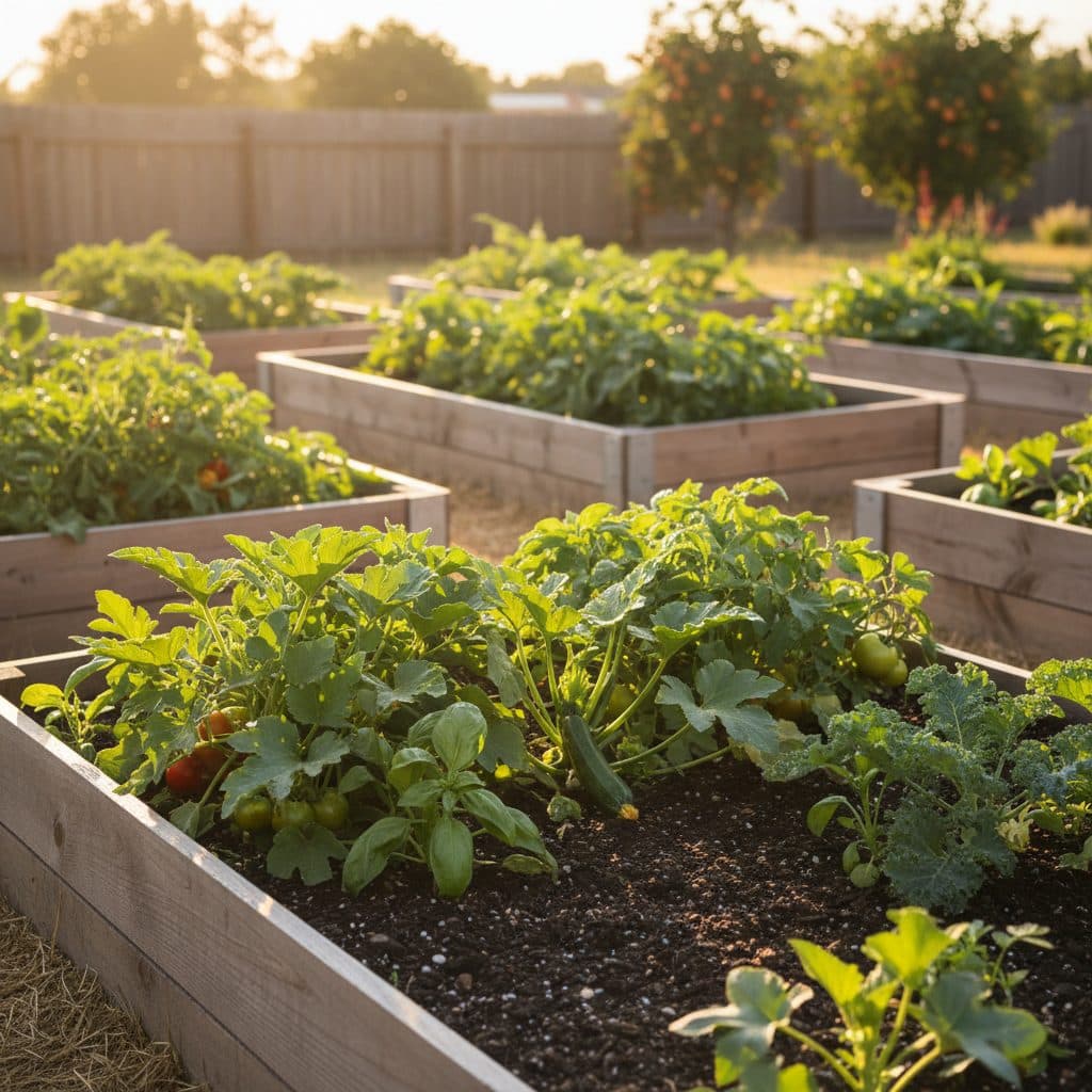 Healthy tomato plants with morning dew in a humid Southeast US garden, illustrating a homestead setting.