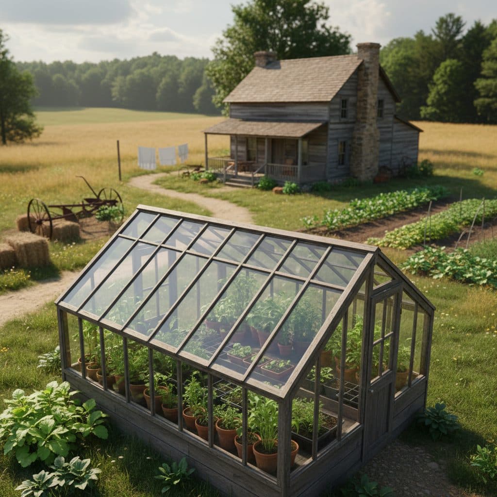 A small, clear greenhouse on a homestead, filled with trays of young plants under bright light.