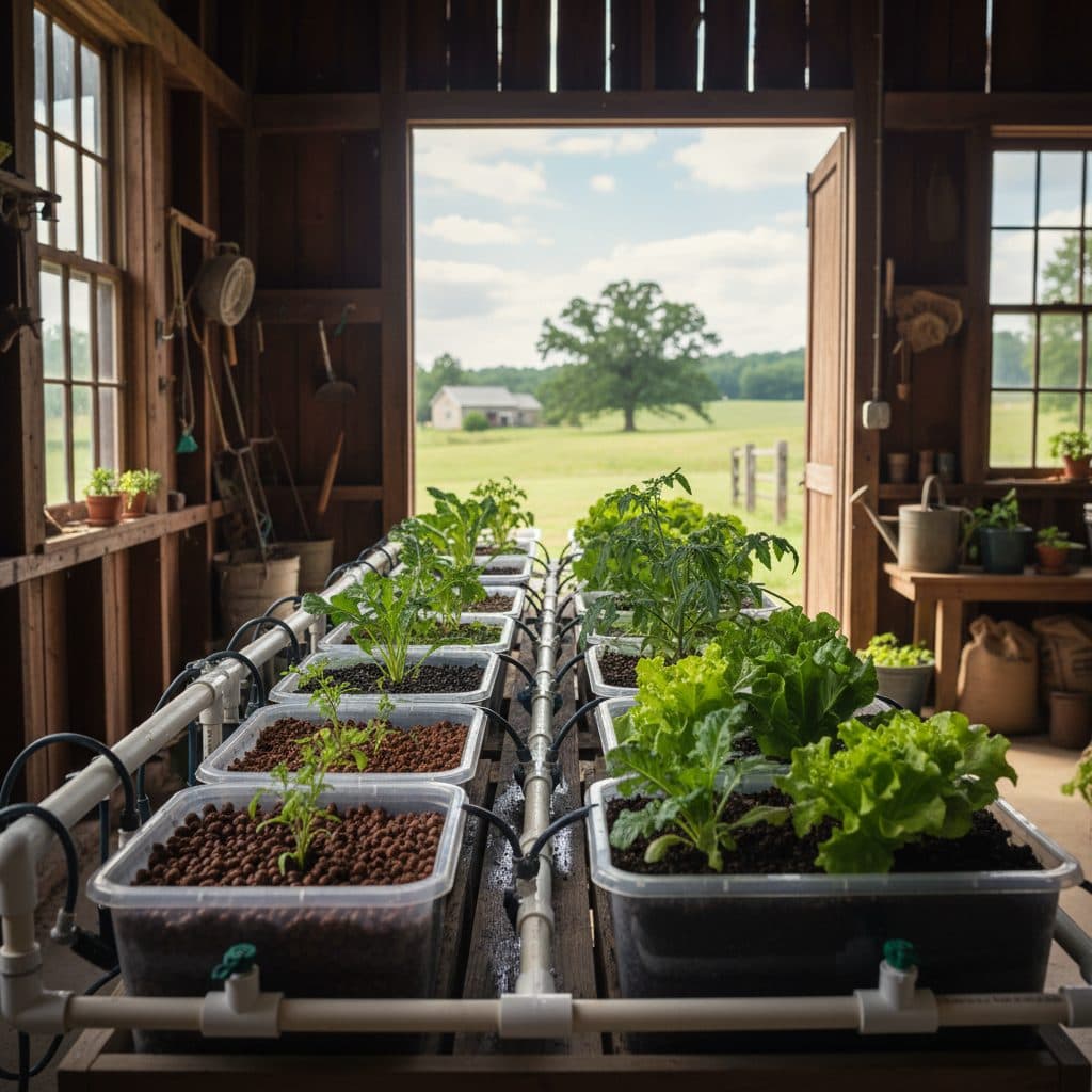 A clean hydroponic setup showcasing different growing media like perlite, LECA, rockwool, and coco coir in various planting containers, bathed in natural light on a US homestead.