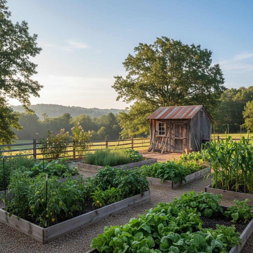 A vibrant home vegetable garden with neat rows of plants in raised beds, bathed in soft morning light in a USDA zone 6 homestead.