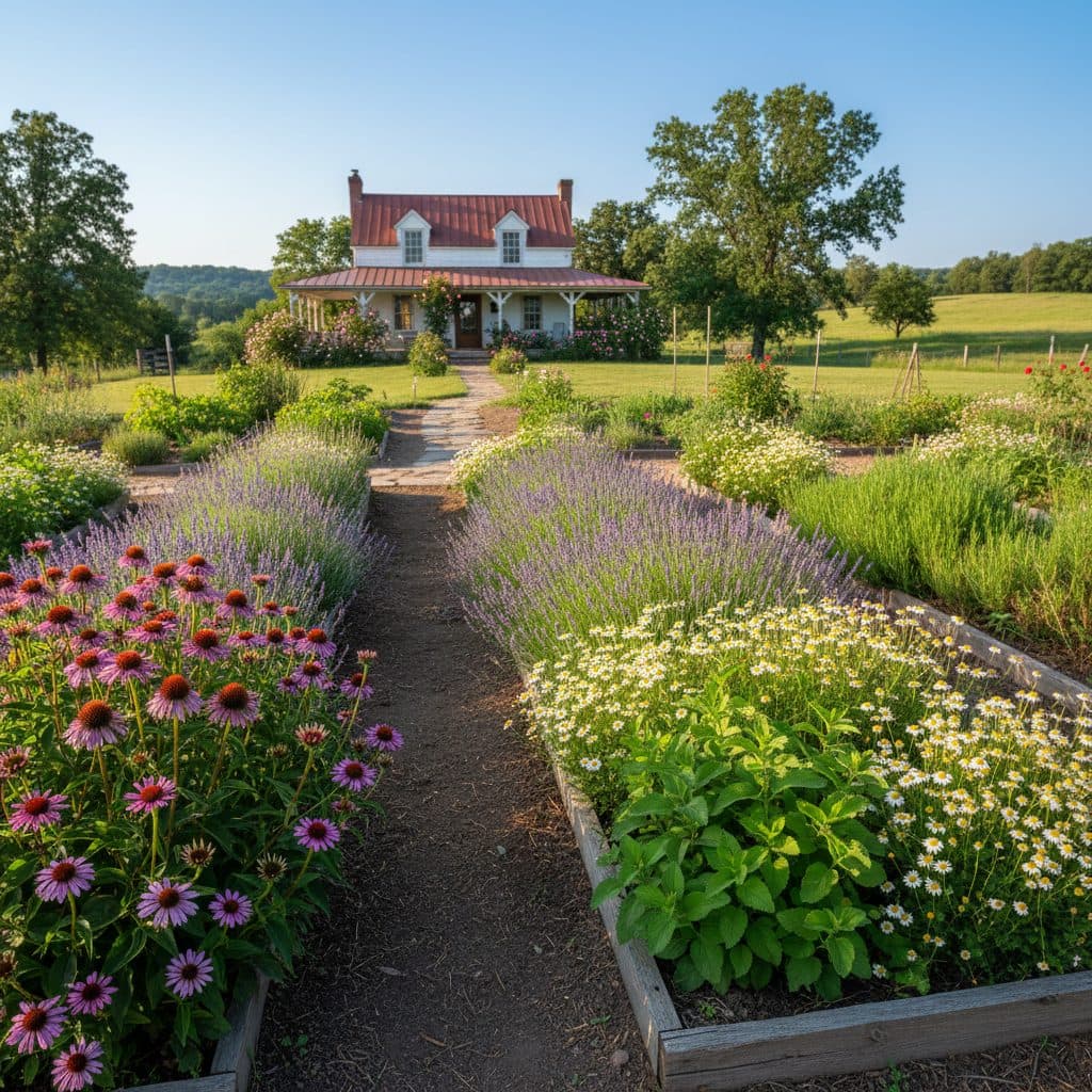 A home garden filled with various medicinal herbs like echinacea, lavender, and chamomile, ready for harvest.