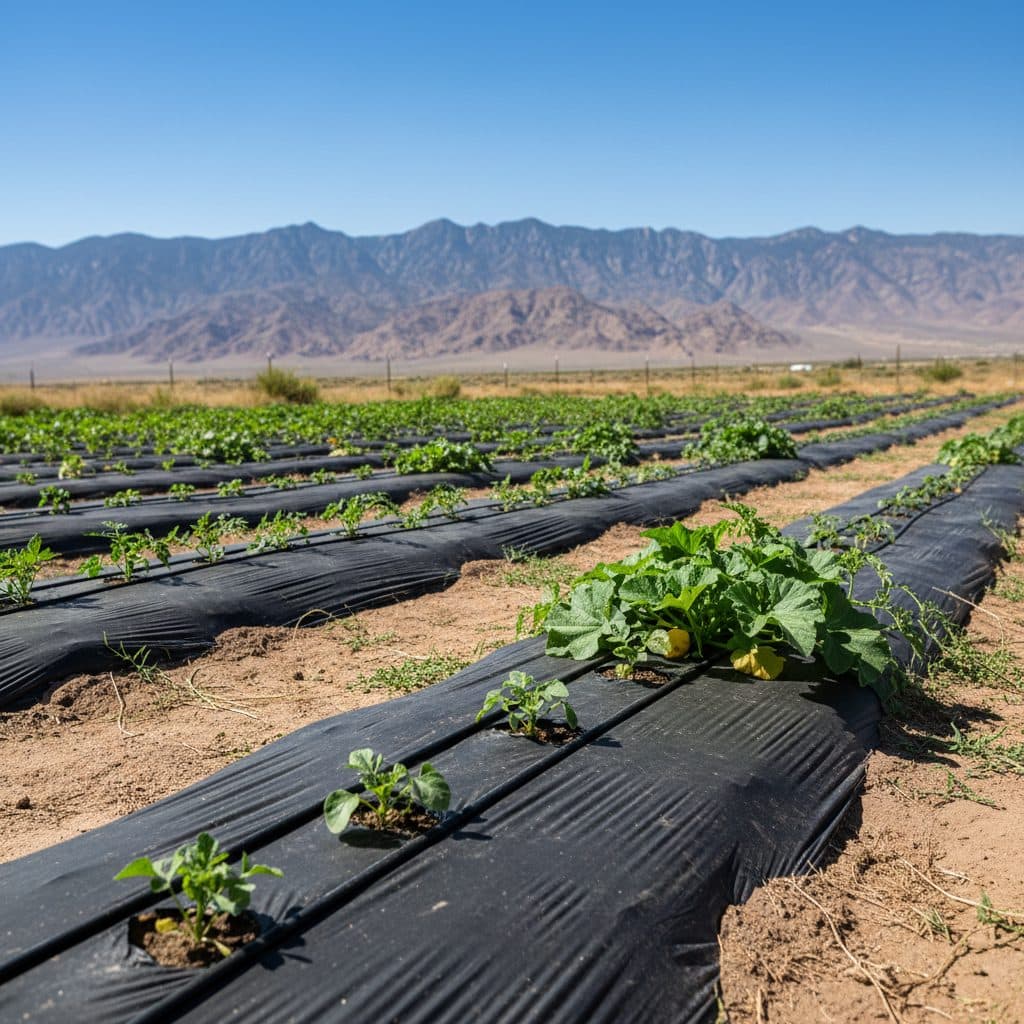 Garden bed with black plastic mulch and drip irrigation in a dry, sunny US landscape.