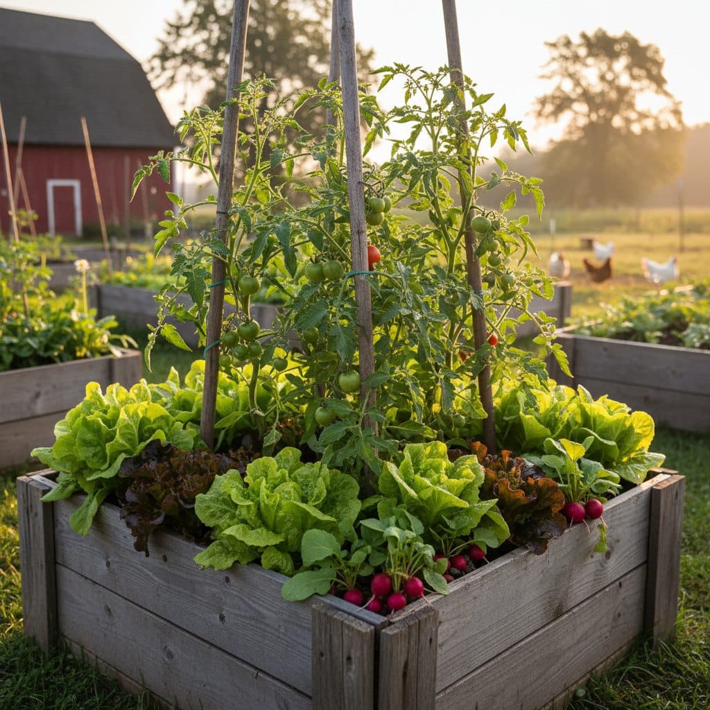 A vibrant interplanted raised garden bed with tall tomato plants shading leafy greens and small radishes.