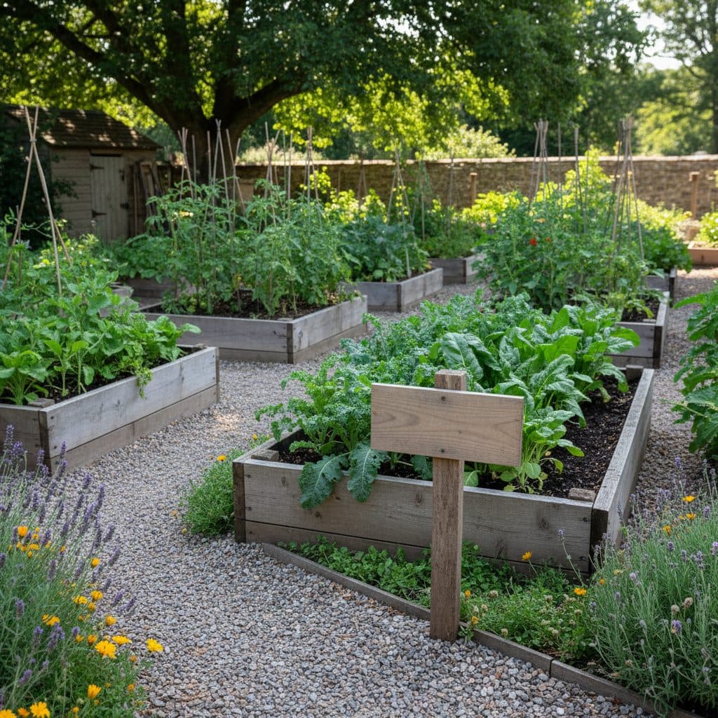 A well-maintained home garden with raised beds, lush green plants, and a small wooden sign for garden records, bathed in natural light.
