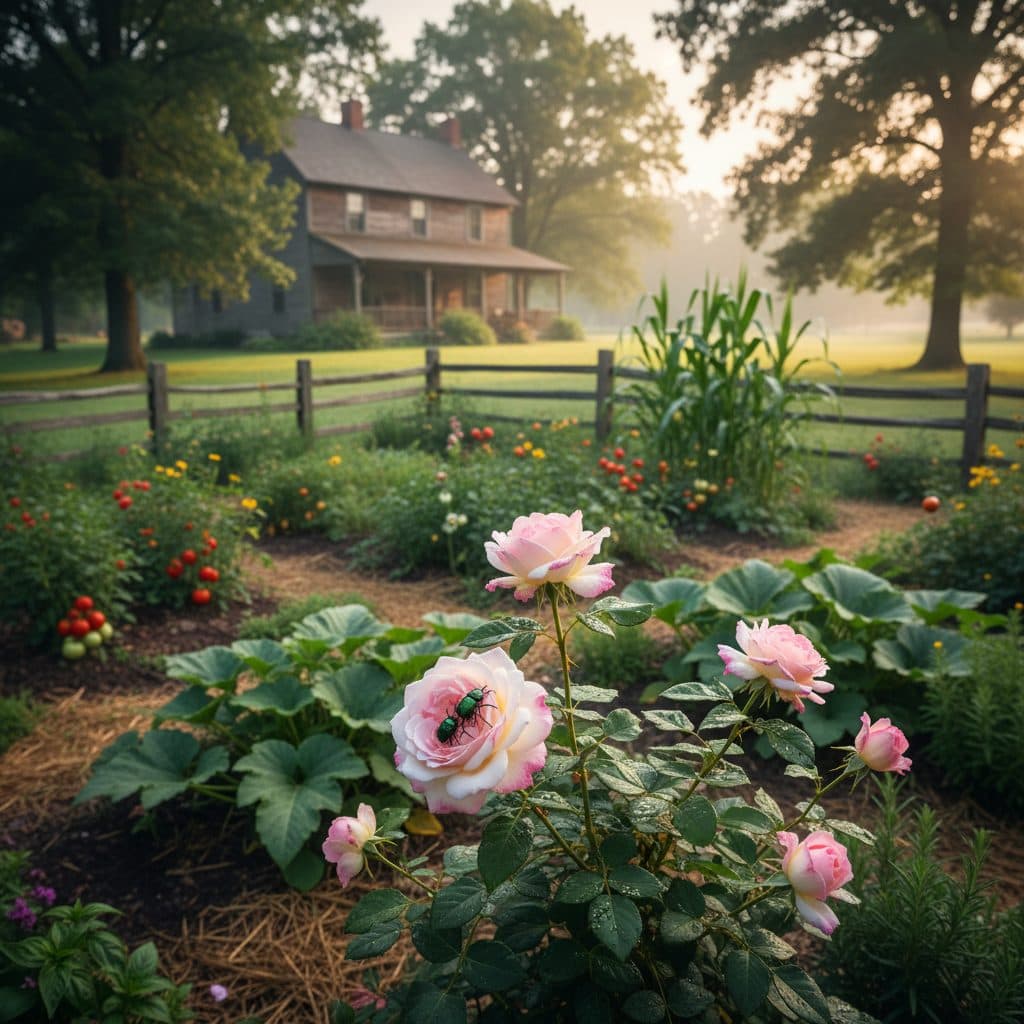 A rose bush in a US homestead garden with a few Japanese beetles feeding on its leaves in early morning light.