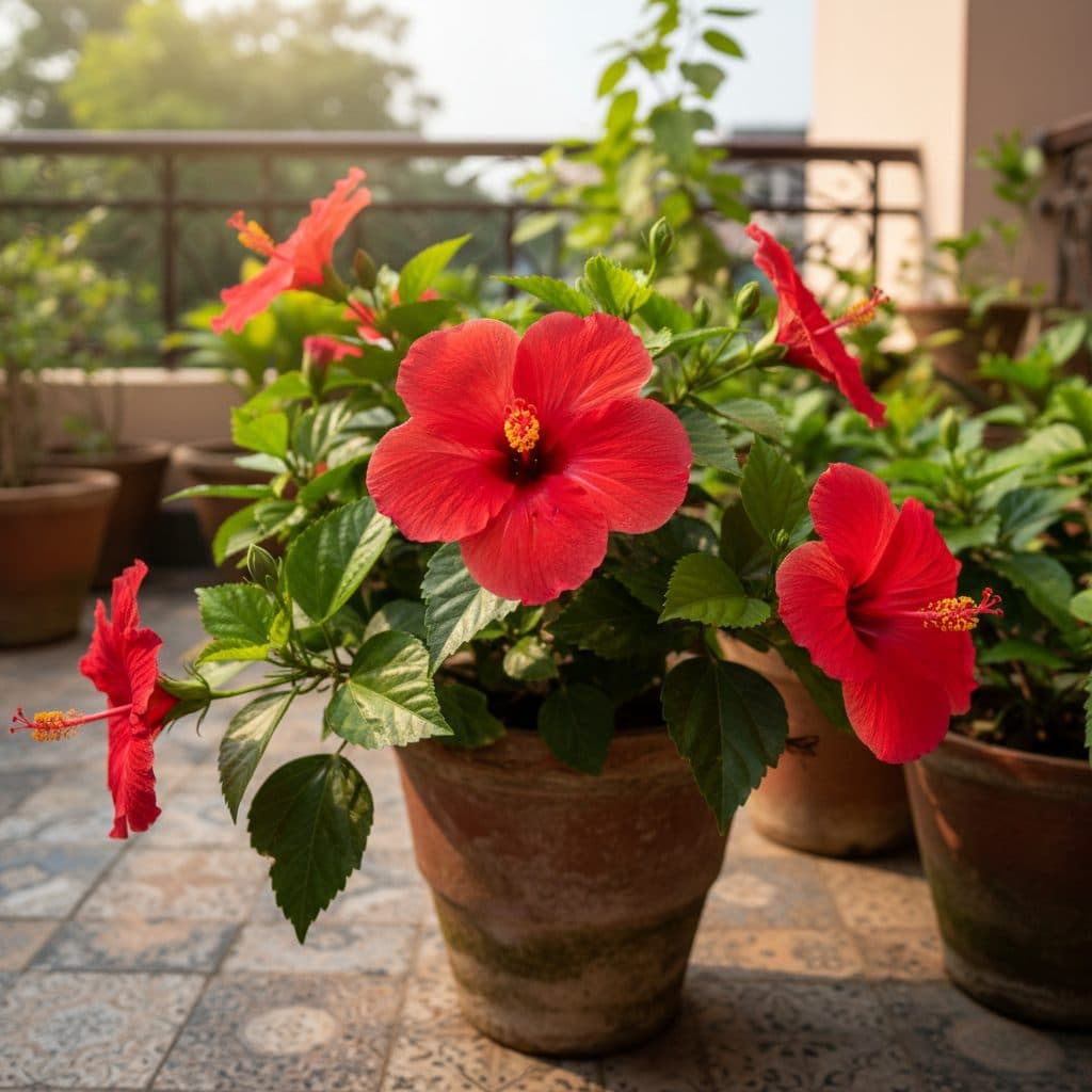 A vibrant red tropical hibiscus (gudhal) flower blooming profusely on a potted terrace plant in India with glossy green leaves.
