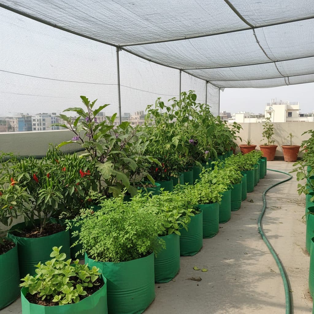 A vibrant Indian terrace kitchen garden filled with green HDPE grow bags of brinjal, chillies, methi, and mint arranged neatly under summer shade netting.